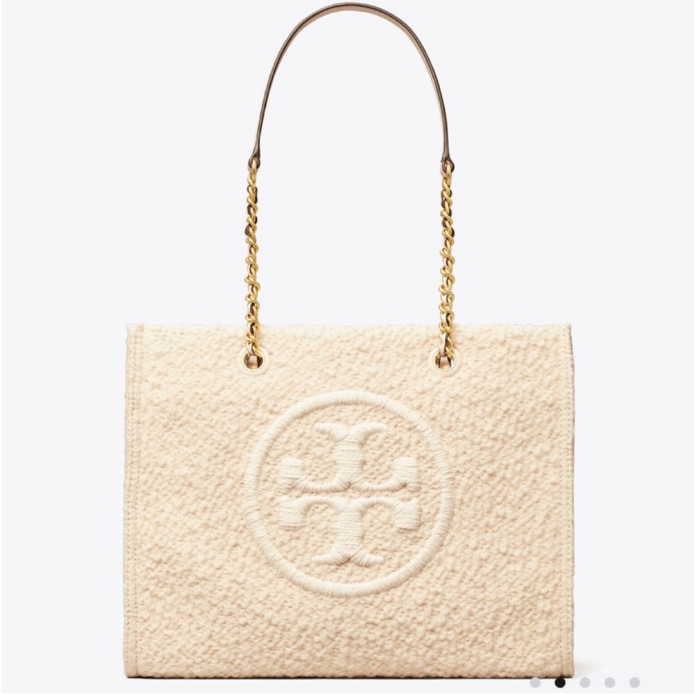 Tory Burch Ivory Textured Tote with Gold Chain